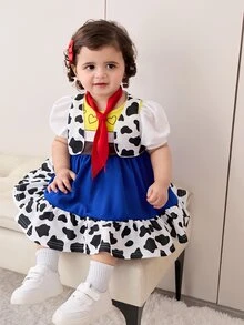 SHEIN Babygirl 可爱夏季奶牛图案背心夹克、拼色心形印花连衣裙和帽子三件套服装 - 棕色 - 查看 3