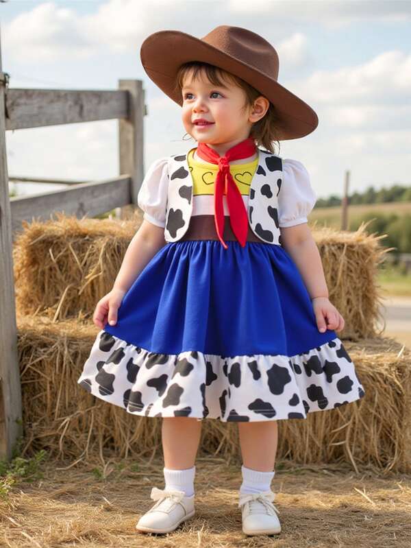 SHEIN Babygirl Cute Summer Cow Pattern Vest Jacket, Color Block Heart Print Dress & Hat 3-Piece Outfit Set