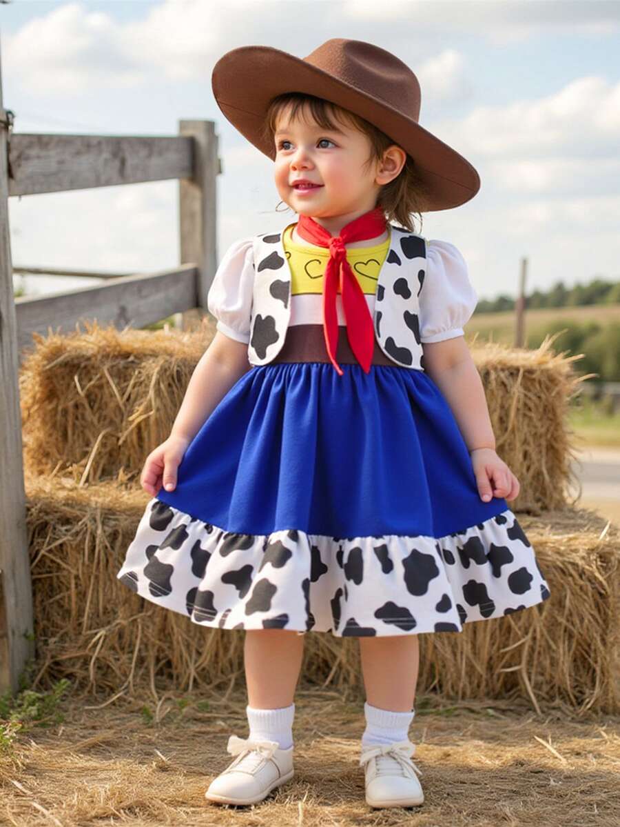 SHEIN Babygirl 可爱夏季奶牛图案背心夹克、拼色心形印花连衣裙和帽子三件套服装 - 棕色 - 查看 1