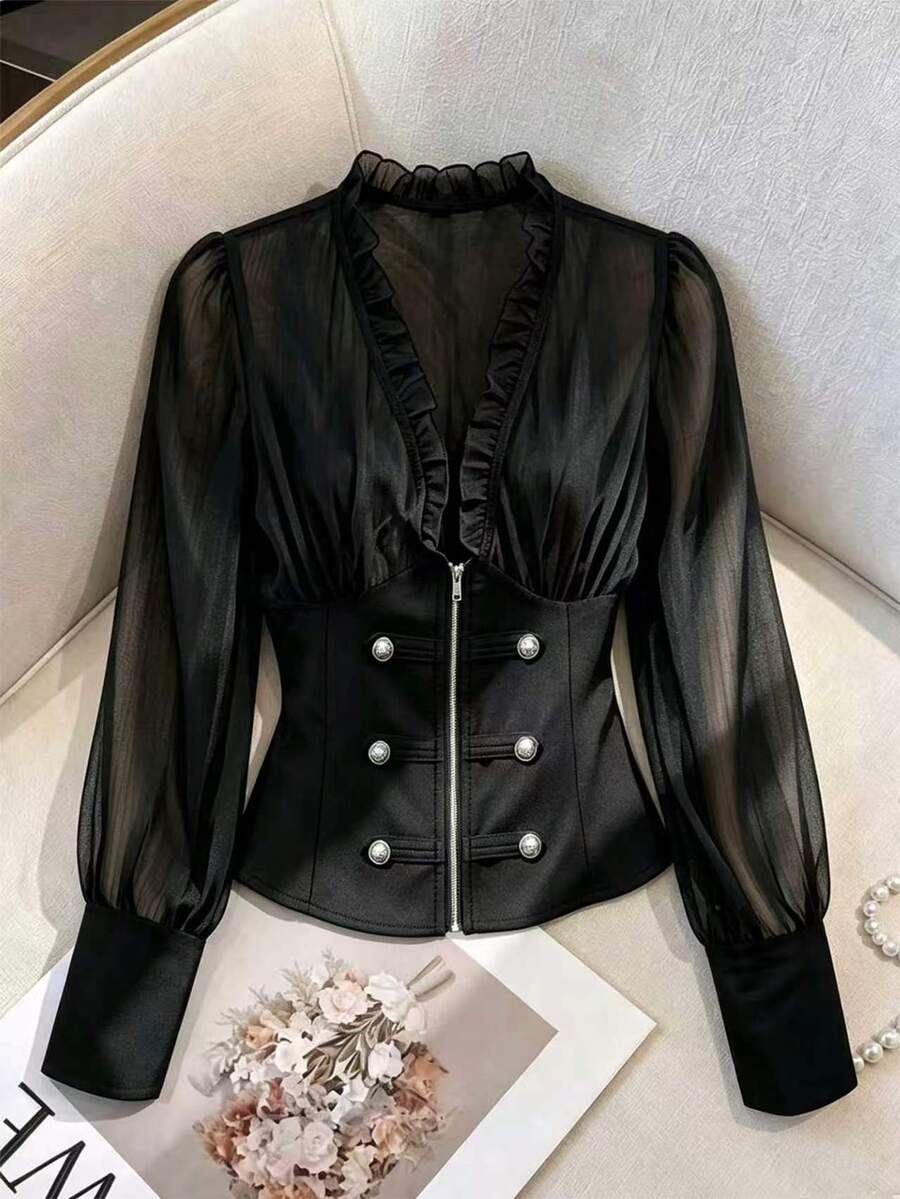 Franclia 女款秋季時尚拼接襯衫 - 黑色 - 查看 1