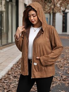 SHEIN Clasi 大尺碼秋冬保暖內裡麂皮連帽夾克 - 卡其色 - 查看 5