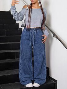 SHEIN 兒童青少年女孩寬鬆版中藍色牛仔長褲 - 中等水洗藍 - 查看 3