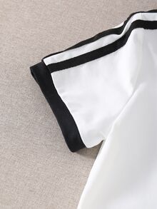 SHEIN Tween Girls 2pcs/Set Casual Comfortable V-Neck Collared Graphic Short Sleeve Top With Mid-Waist Elastic Waist Striped Long Pants Golf Style Back - White - View 7