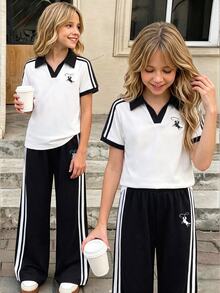 SHEIN Tween Girls 2pcs/Set Casual Comfortable V-Neck Collared Graphic Short Sleeve Top With Mid-Waist Elastic Waist Striped Long Pants Golf Style Back - White - View 1