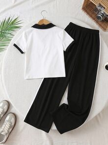 SHEIN Tween Girls 2pcs/Set Casual Comfortable V-Neck Collared Graphic Short Sleeve Top With Mid-Waist Elastic Waist Striped Long Pants Golf Style Back - White - View 2