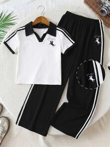 SHEIN Tween Girls 2pcs/Set Casual Comfortable V-Neck Collared Graphic Short Sleeve Top With Mid-Waist Elastic Waist Striped Long Pants Golf Style Back - White - View 3