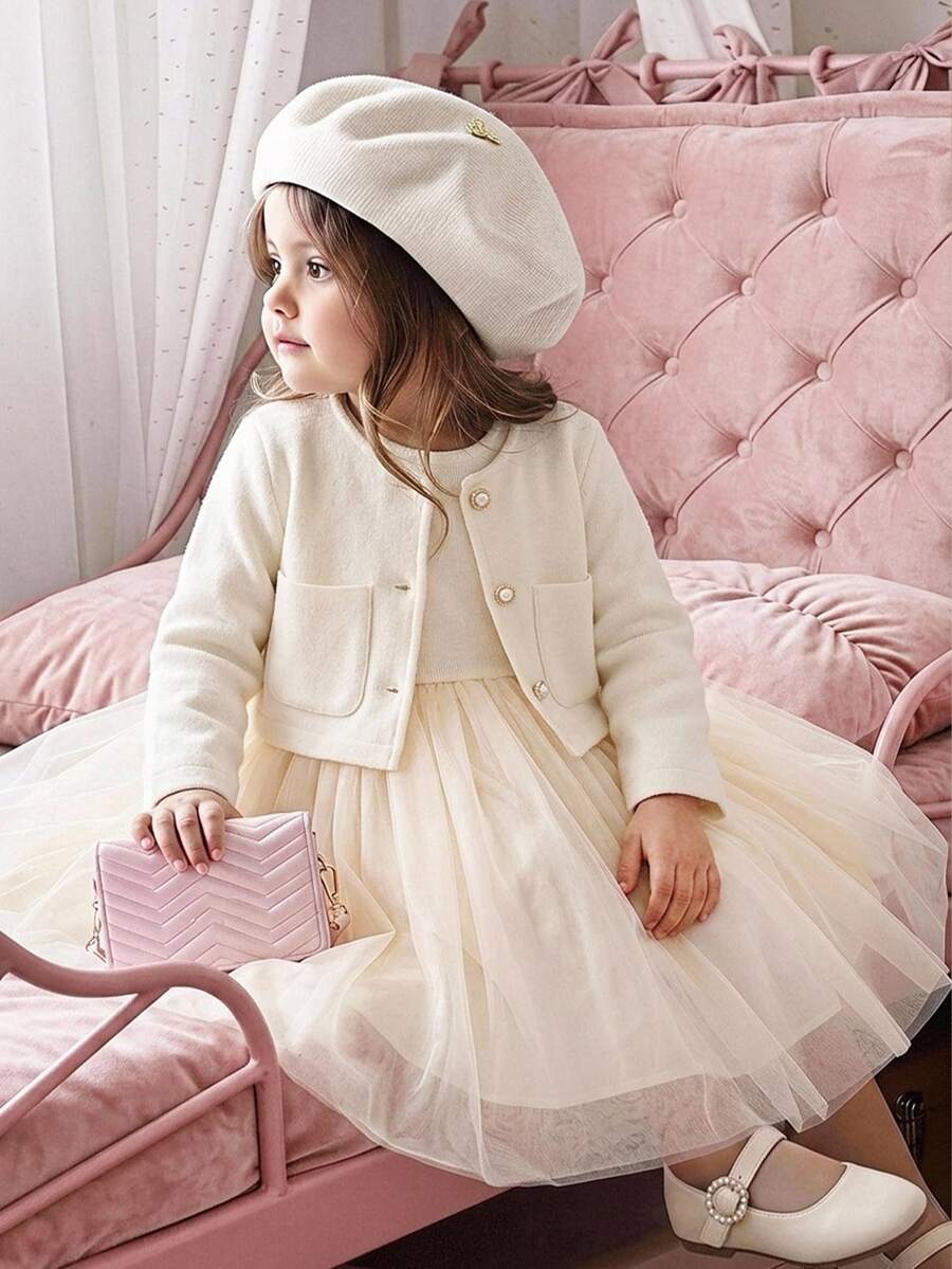 SHEIN Baby Girl Elegant Mesh Patchwork Dress With Jacket - White - View 1