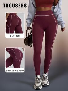 SHEIN Sports Core Rhythm 1 Piece Contrast Stripe High Waist Design Slim Fit Training Pants, Suitable For Yoga And Women's Daily Wear. - Burgundy - View 1