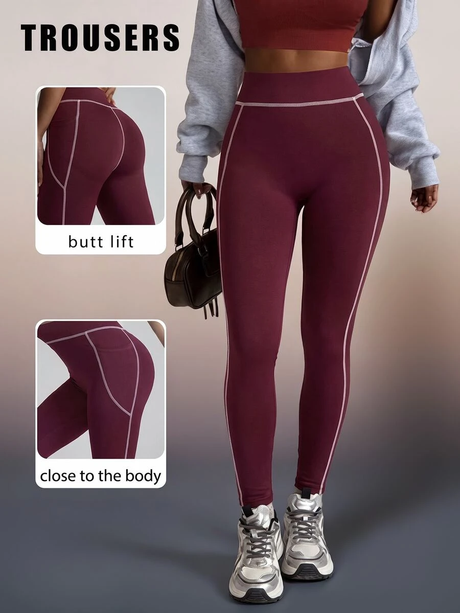 SHEIN Sports Core Rhythm 1 Piece Contrast Stripe High Waist Design Slim Fit Training Pants, Suitable For Yoga And Women's Daily Wear. - Burgundy - View 1