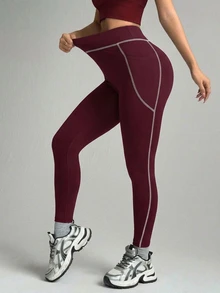 SHEIN Sports Core Rhythm 1 Piece Contrast Stripe High Waist Design Slim Fit Training Pants, Suitable For Yoga And Women's Daily Wear. - Burgundy - View 4