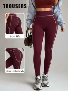 SHEIN Sports Core Rhythm 1 Piece Contrast Stripe High Waist Design Slim Fit Training Pants, Suitable For Yoga And Women's Daily Wear. - Burgundy - View 3