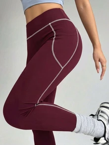 SHEIN Sports Core Rhythm 1 Piece Contrast Stripe High Waist Design Slim Fit Training Pants, Suitable For Yoga And Women's Daily Wear. - Burgundy - View 5