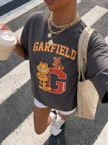 Muchica GARFIELD | SHEIN 34%棉休閒卡通印花圓領短袖寬鬆女款T恤 - 深灰色 - 查看 9
