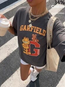 Muchica GARFIELD | SHEIN 34%棉休閒卡通印花圓領短袖寬鬆女款T恤 - 深灰色 - 查看 1