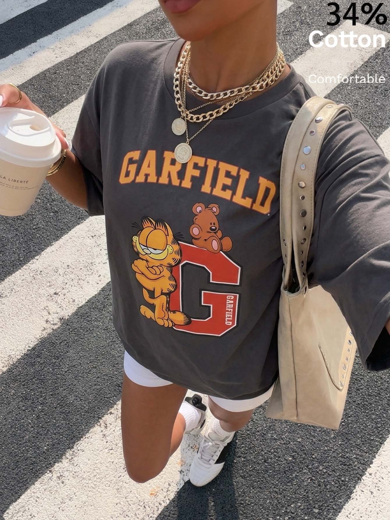 Muchica GARFIELD | SHEIN 34%棉休閒卡通印花圓領短袖寬鬆女款T恤 - 深灰色 - 查看 1