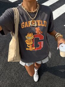 Muchica GARFIELD | SHEIN 34%棉休閒卡通印花圓領短袖寬鬆女款T恤 - 深灰色 - 查看 7