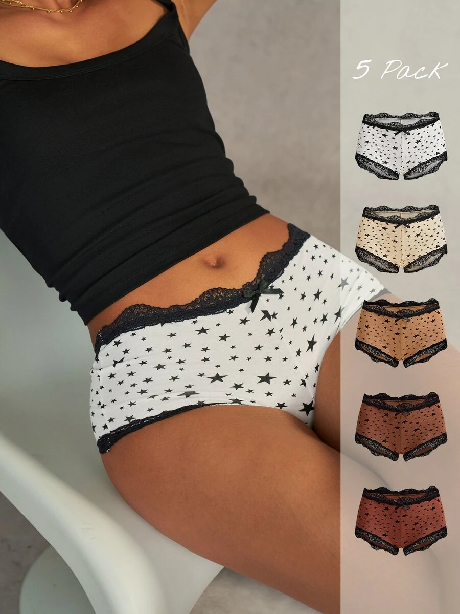 Esseday Women's Contrast Lace Pentagram Print Bow Decor Hipster Panties - Mixed color - View 1