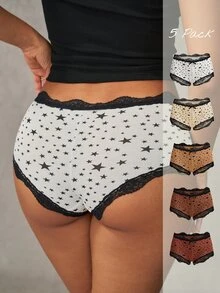Esseday Women's Contrast Lace Pentagram Print Bow Decor Hipster Panties - Mixed color - View 6
