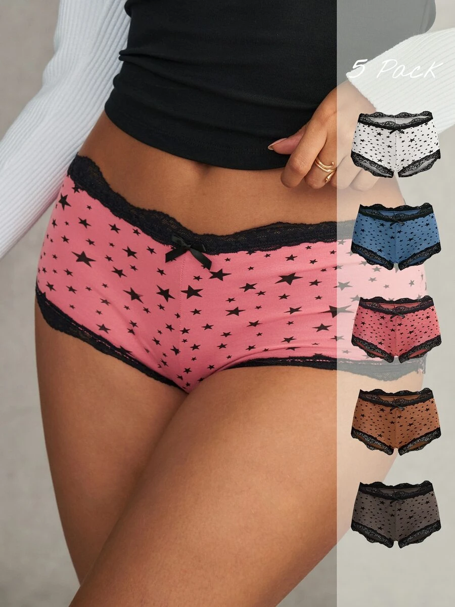 Esseday Women's Contrast Lace Bow Decor Star Print Hipster Panties - Mixed color - View 1