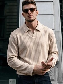 Calvornis Men's Casual Versatile Solid Color Long Sleeve Polo Shirt - Apricot - View 3
