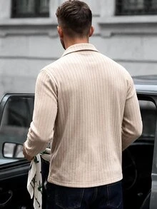 Calvornis Men's Casual Versatile Solid Color Long Sleeve Polo Shirt - Apricot - View 2