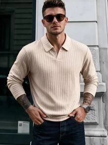 Calvornis Men's Casual Versatile Solid Color Long Sleeve Polo Shirt - Apricot - View 1