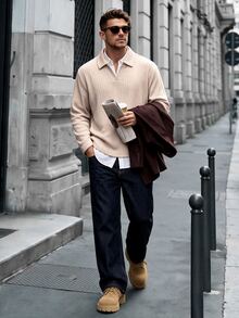 Calvornis Men's Casual Versatile Solid Color Long Sleeve Polo Shirt - Apricot - View 4
