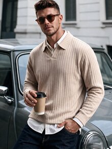 Calvornis Men's Casual Versatile Solid Color Long Sleeve Polo Shirt - Apricot - View 6