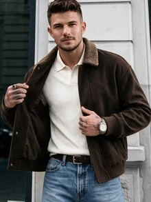 Manfinity CasualCool معطف رجالي بني بأسلوب الشارع العالي مع ياقة من الصوف الناعم وسحاب فضفاض - بني - مشاهدة 5