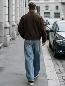Manfinity CasualCool معطف رجالي بني بأسلوب الشارع العالي مع ياقة من الصوف الناعم وسحاب فضفاض - بني - مشاهدة 2