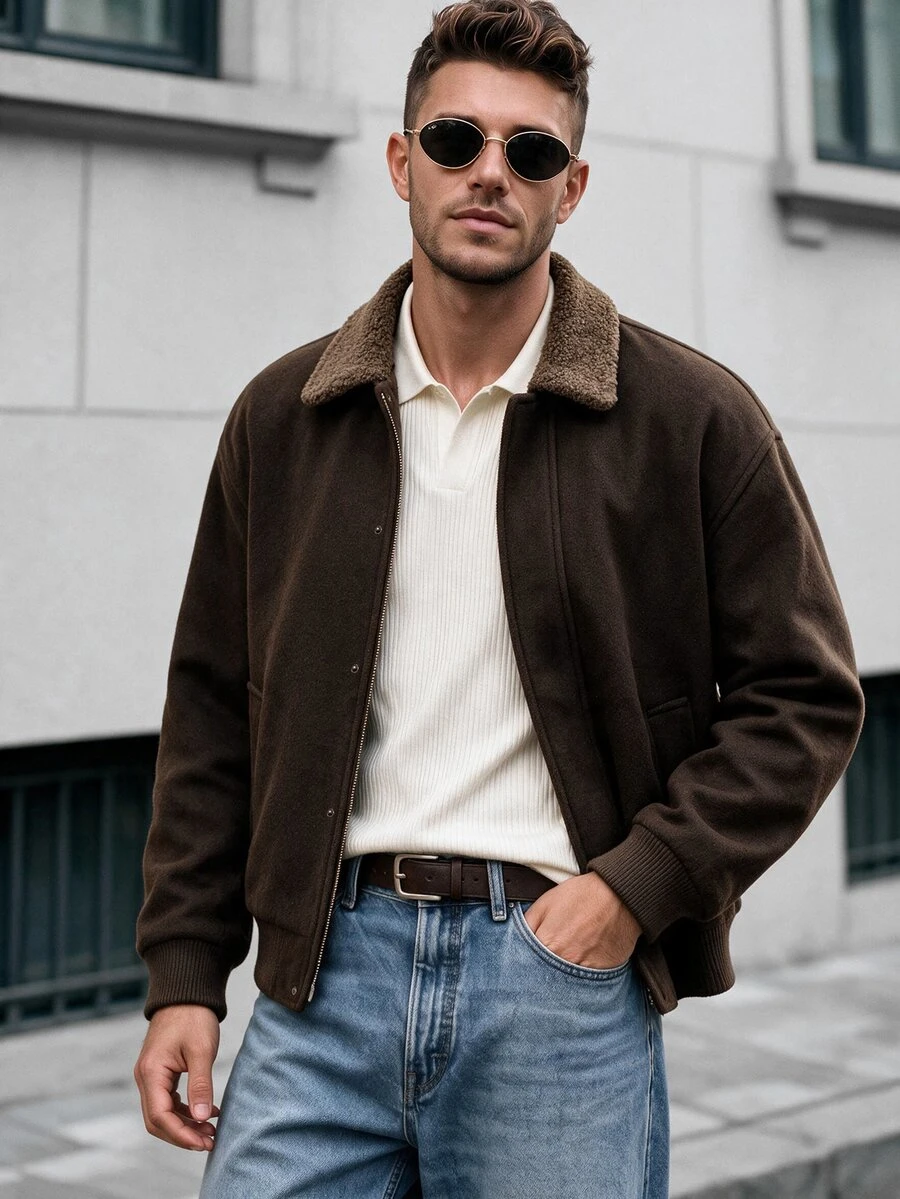 Manfinity CasualCool معطف رجالي بني بأسلوب الشارع العالي مع ياقة من الصوف الناعم وسحاب فضفاض - بني - مشاهدة 1