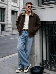 Manfinity CasualCool معطف رجالي بني بأسلوب الشارع العالي مع ياقة من الصوف الناعم وسحاب فضفاض - بني - مشاهدة 4