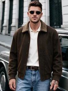 Manfinity CasualCool معطف رجالي بني بأسلوب الشارع العالي مع ياقة من الصوف الناعم وسحاب فضفاض - بني - مشاهدة 3