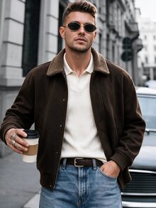 Manfinity CasualCool معطف رجالي بني بأسلوب الشارع العالي مع ياقة من الصوف الناعم وسحاب فضفاض - بني - مشاهدة 6