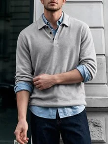 Calvornis Men's Long Sleeve Solid Color Casual Mature Polo Shirt, Autumn/Winter - Grey - View 4