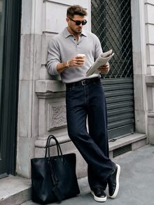 Calvornis Men's Long Sleeve Solid Color Casual Mature Polo Shirt, Autumn/Winter - Grey - View 5