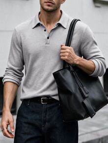 Calvornis Men's Long Sleeve Solid Color Casual Mature Polo Shirt, Autumn/Winter - Grey - View 3