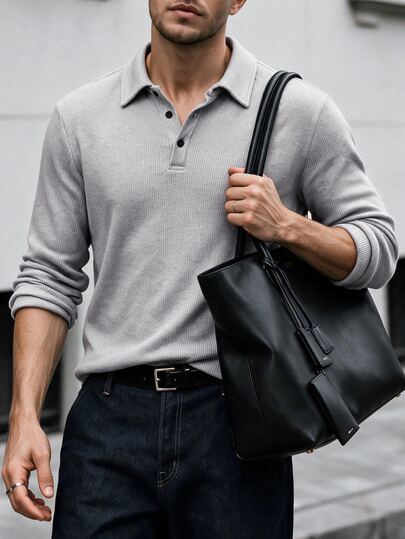 Calvornis Men's Long Sleeve Solid Color Casual Mature Polo Shirt, Autumn/Winter