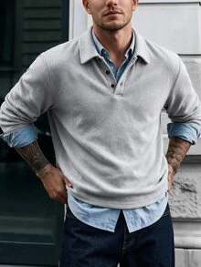 Calvornis Men's Long Sleeve Solid Color Casual Mature Polo Shirt, Autumn/Winter - Grey - View 1
