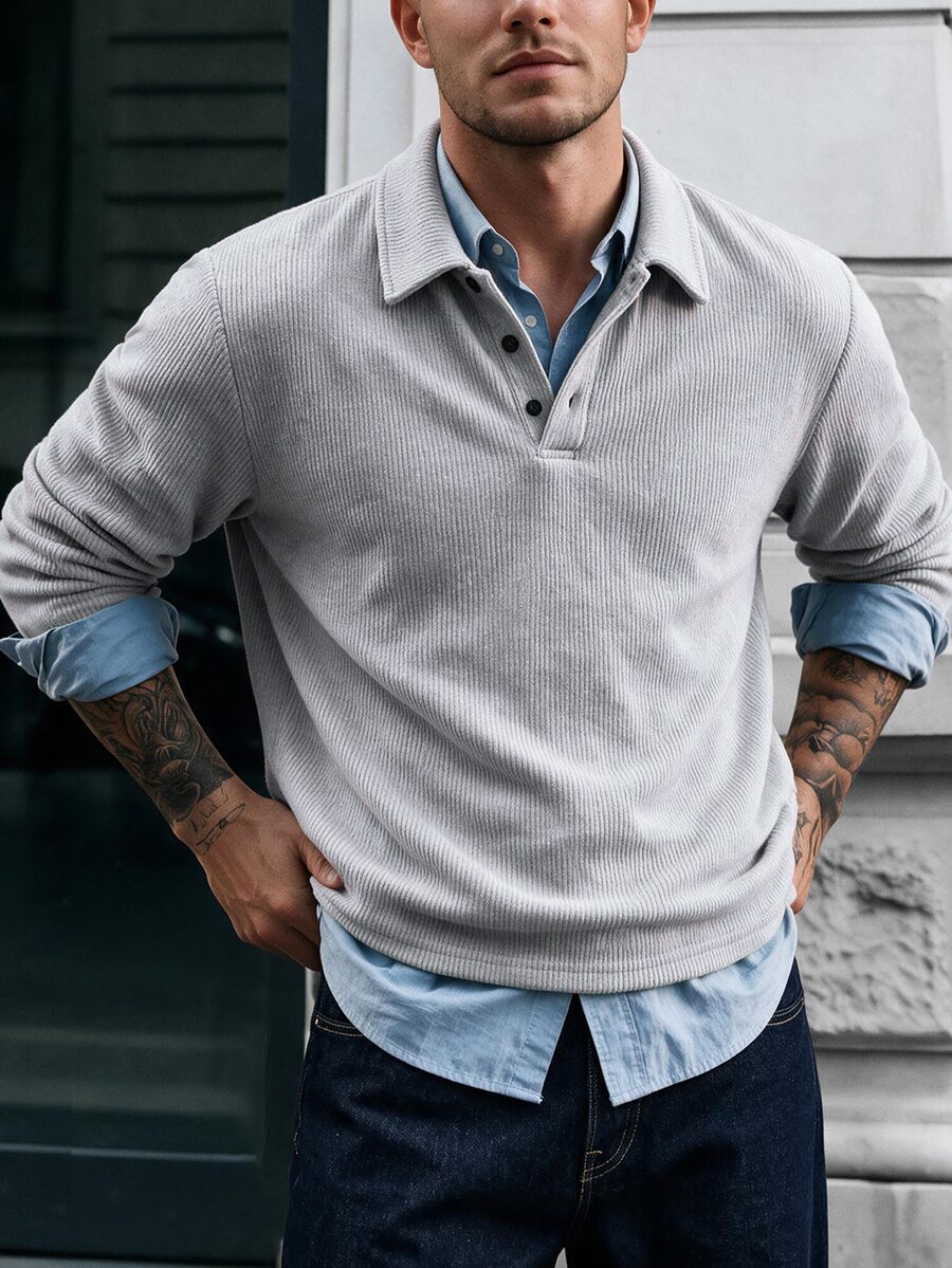 Calvornis Men's Long Sleeve Solid Color Casual Mature Polo Shirt, Autumn/Winter - Grey - View 1
