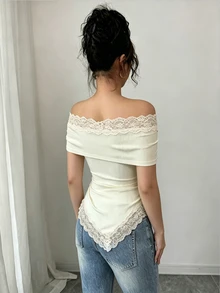 Rafferiza 女款休閒浪漫優雅通勤露肩短袖T恤，夏季約會外出米色 - 杏色 - 查看 2