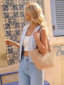 Vivid Eden Light Blue Floral Vine Embroidered Deep V-Neck Front Opening Sleeveless Cropped Vest Southern European Exquisite Vintage Boho Style Autumn Travel - Blue and White - View 3