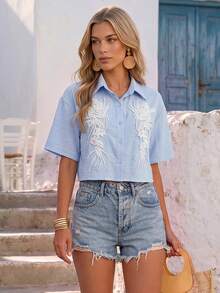 Vivid Eden Camisa corta con decoración de cuentas para vacaciones de verano de mujer - Celeste - Ver 1