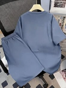 SHEIN 青少年男孩 2件組休閒寬鬆舒適 Logo 裝飾短袖上衣與短褲套裝 - 藍色 - 查看 2