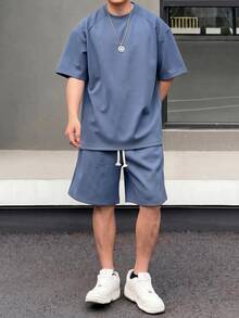 SHEIN 青少年男孩 2件組休閒寬鬆舒適 Logo 裝飾短袖上衣與短褲套裝 - 藍色 - 查看 1
