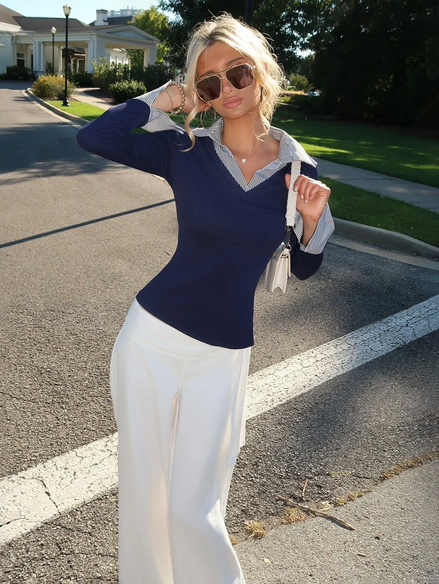 Sydney Algeri 蓝色条纹印花撞色女士简约V领Polo衫,弹力打底修身款,适合休闲、俱乐部、商务休闲、音乐会、办公室、老钱风、修身日常、性感派对、街头度假、旅行、约会等场合,春夏秋冬新款长袖喇叭袖T恤 - 寶藍色 - 查看 1