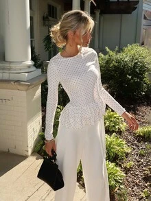 Sydney Algeri 女款波點印花荷葉邊下擺長袖上衣，夏季 - 彩色 - 查看 6
