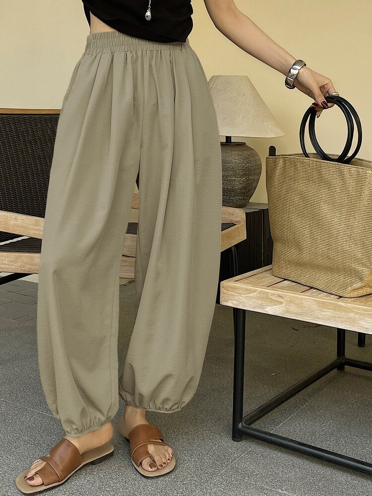Livesso Petite Women's Casual Minimalist Elastic Waist Pocket Long Pants For Daily Wear Fall - Khaki - View 3