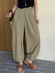 Livesso Petite 女款休閒極簡彈性腰口袋長褲，適合日常穿著，秋季款 - 卡其色 - 查看 4