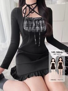 DAZY Women's Patchwork Plaid Front Tie Long Sleeve Fashion Dress Fall - Black - View 1